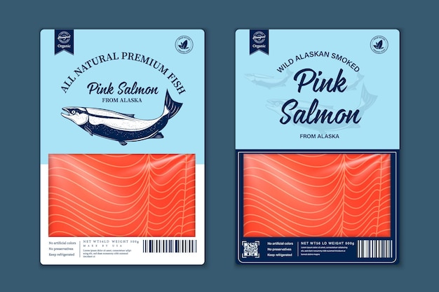 Diseño de envases de estilo plano de peces vectoriales. Ilustraciones de salmón, trucha, atún y abadejo de Alaska y textura de carne de pescado para embalaje, pesca, publicidad, etc.