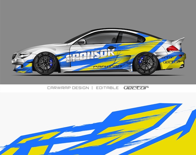 Diseño de envoltura de automóvil blanco con rayas azules y amarillas