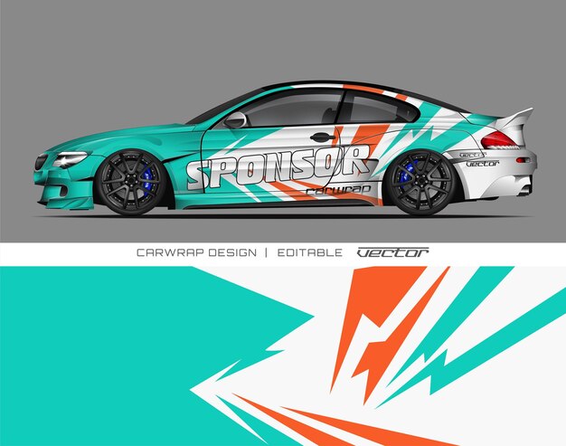 Diseño de envoltura de automóviles con gráficos naranja turquesa y blanco