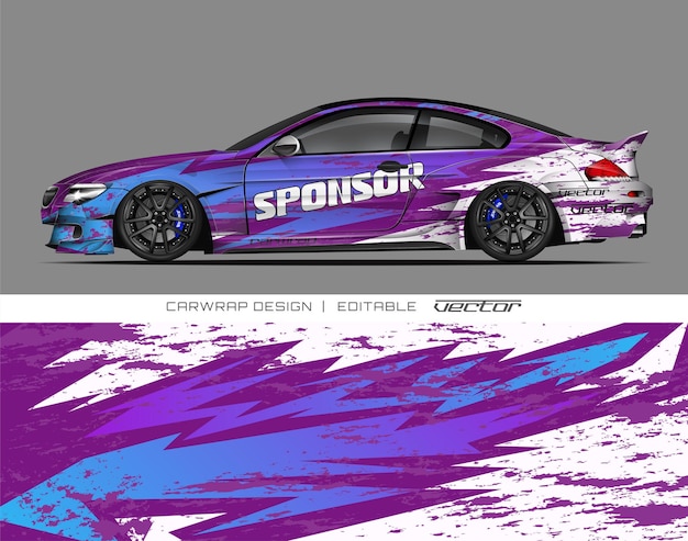 Diseño de envoltura de automóviles púrpura y azul con texto del patrocinador