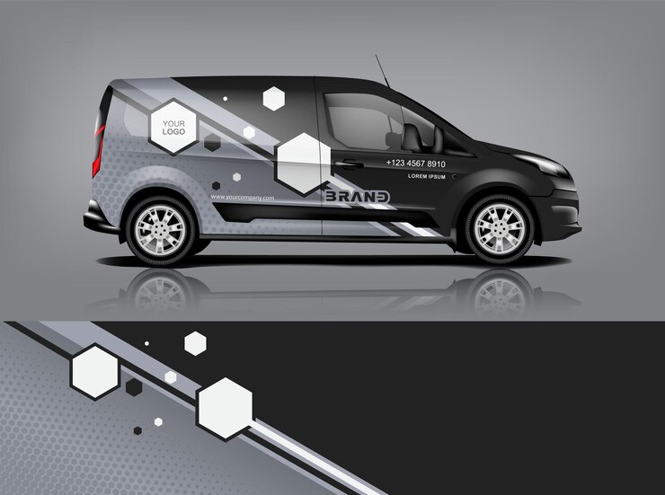 Diseño de envoltura de furgoneta Diseño de calcomanías y pegatinas envolventes para empresa Formato vectorial eps10 dekal a1