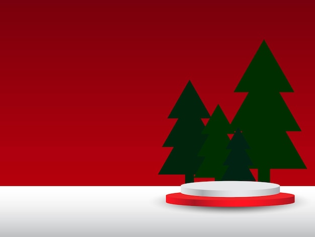 Vector diseño de escenario mínimo abstracto forma de podio geométrico para pedestal o plataforma de exhibición de productos cosméticos fondo rojo de navidad de invierno con árbol de navidad vector 3d de navidad