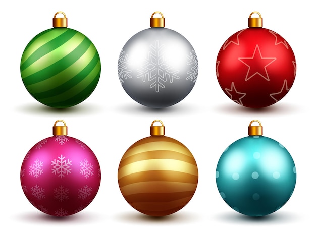 Diseño de escenografía de vector de bolas de navidad. bola de navidad realista 3d colorida con estampado y patrones de navidad.