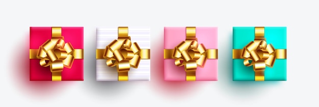 Diseño de escenografía vectorial de cajas de regalo. presentar regalos en decoración colorida con oro brillante aislado en blanco