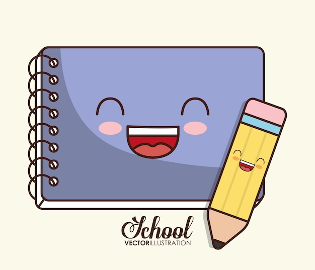 Diseño de la escuela representado por el icono de cuaderno y lápiz kawaii