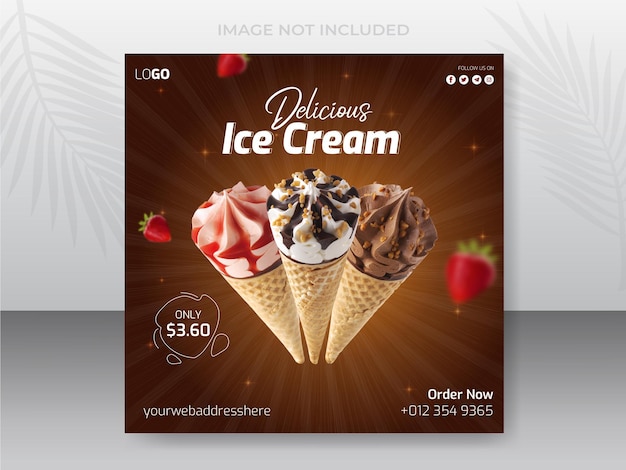 Diseño especial de publicación en redes sociales de helados deliciosos o banner de oferta de descuento