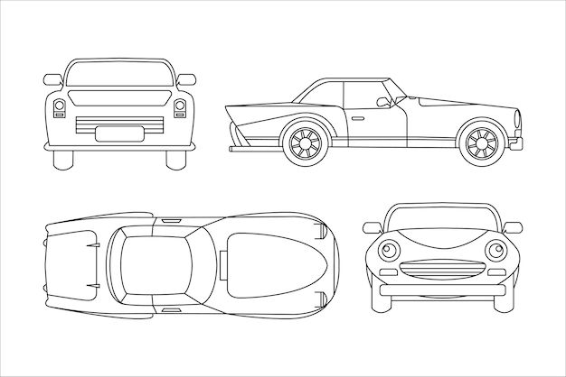 Diseño de esquema de vehículo de coche deportivo vista superior vista frontal vista trasera y vista lateral aislado sobre fondo blanco