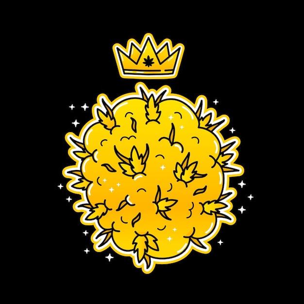 Diseño de estampado de camiseta de brote de hierba de marihuana dorado brillante. Vector dibujado a mano ilustración de logo de dibujos animados de moda. Cannabis dorado, hierba, estampado de moda de marihuana para camiseta, póster, tarjeta, logotipo, concepto de etiqueta