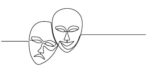 Diseño de estandarte del Día Mundial del Teatro con boceto de máscara de personaje vector de dibujo continuo de una línea