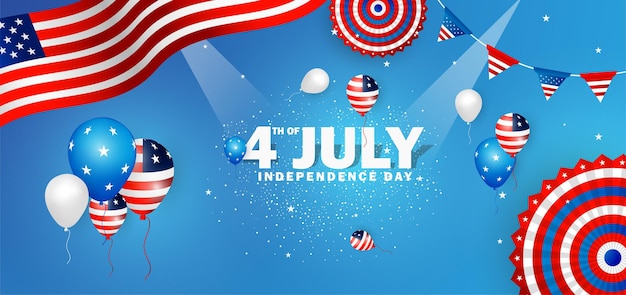 Diseño de estandarte de fondo para la celebración del Día de la Independencia estadounidense del 4 de julio con bandera de ventilador de papel globo