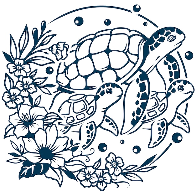 Vector diseño estético de tatuaje de tortuga floral