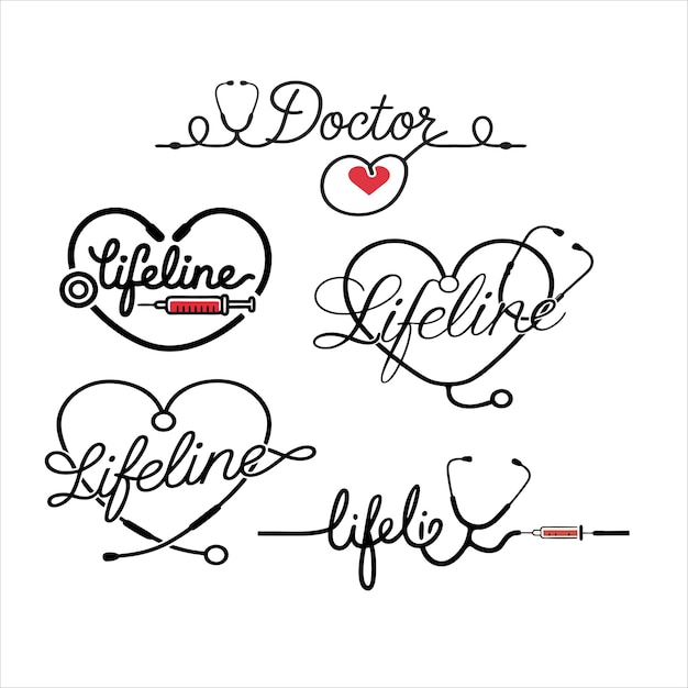 Diseño de estetoscopio Lifeline con doctor cursivo para ropa médica