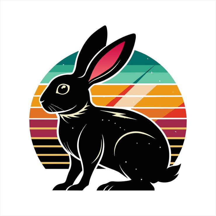 Vector diseño estilizado de camiseta de conejo con ilustración en blanco y negro en un fondo de gradiente colorido