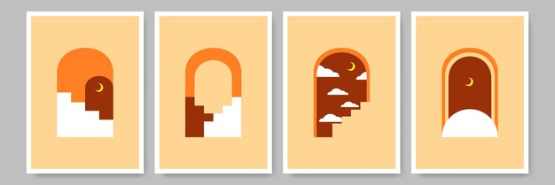 Diseño de estilo de arte boho moderno formas abstractas paisaje y color neutro cubre cartel de colección