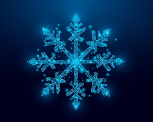 Diseño de estilo de baja poli de estructura alámbrica de copo de nieve Concepto de feliz Navidad y año nuevo Diseño de poli baja brillante de estructura alámbrica sobre un fondo azul Ilustración vectorial futurista abstracta