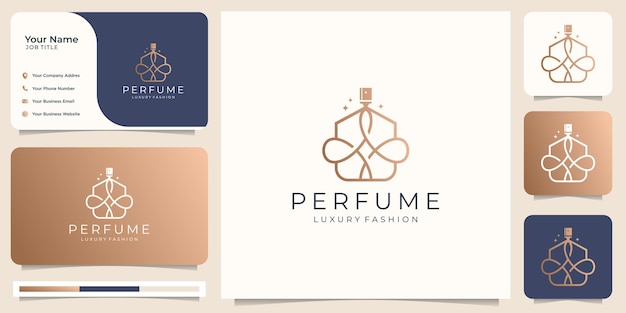 Diseño de estilo lineal de plantilla de logotipo de botella de vidrio de perfume elegante y premium de tarjeta de visita.