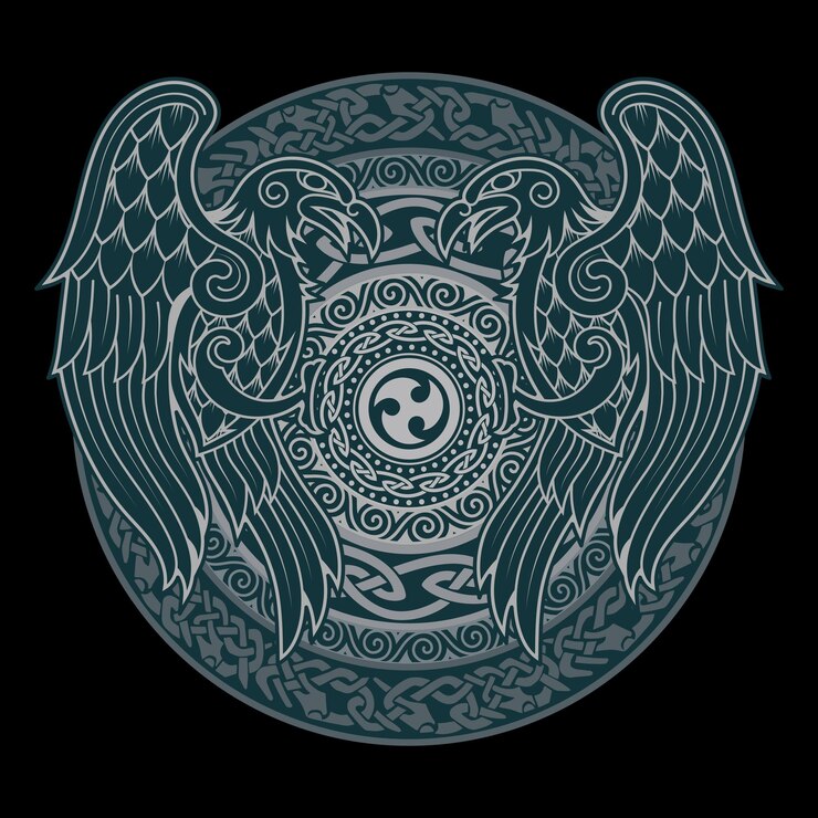 Vector diseño en estilo nórdico antiguo escudo vikingo con ornamentación escandinava celta y cuervos pintados en estilo vintage retro