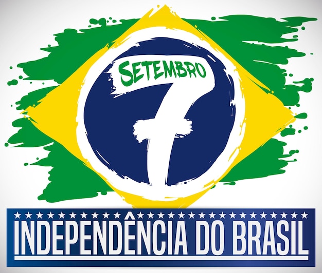 Vector diseño en estilo pincelada con bandera de brasil y fecha para celebrar el día de la independencia de brasil