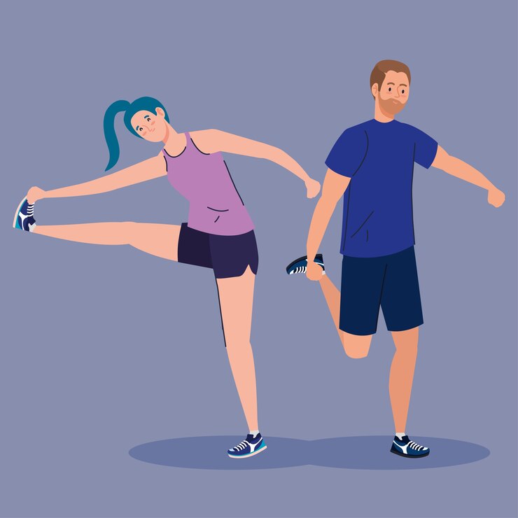 Vector diseño de estiramiento de mujer y hombre, deporte de gimnasio y tema de culturismo.