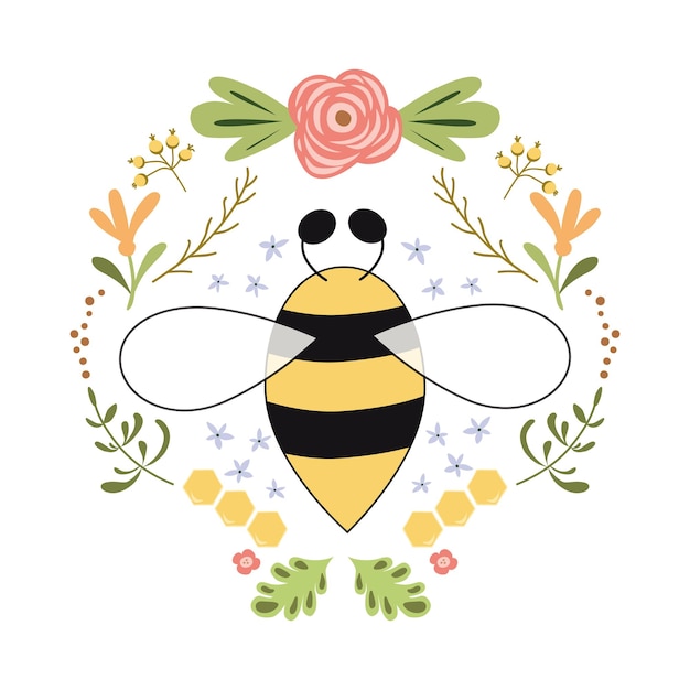 Vector diseño de etiqueta de abeja concepto para el diseño de paquete de productos de miel orgánica insignia de hierbas florales etiqueta de abeja