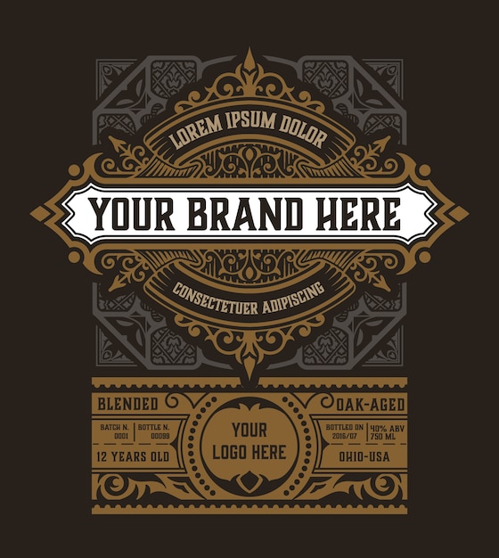 Vector diseño de etiqueta adornado antiguo para whisky.