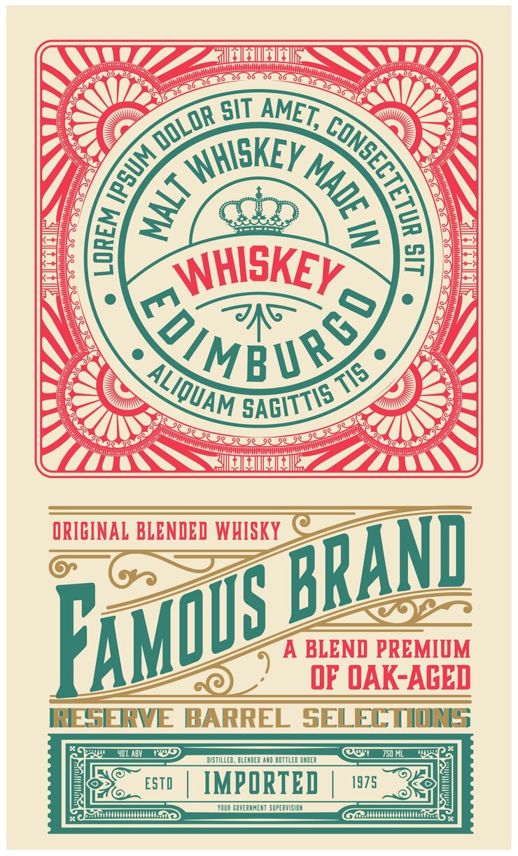 Vector diseño de etiqueta adornado antiguo para whisky.