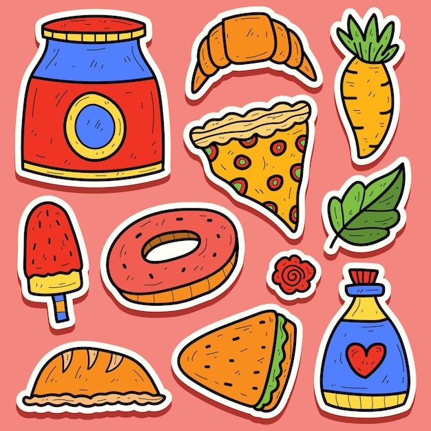 Diseño de etiqueta de dibujos animados de doodle de comida dibujada a mano