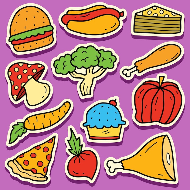 Vector diseño de etiqueta de dibujos animados de doodle de comida dibujada a mano