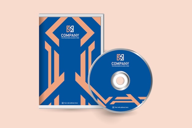 Diseño de etiqueta de disco y caja de dvd en color naranja y azul