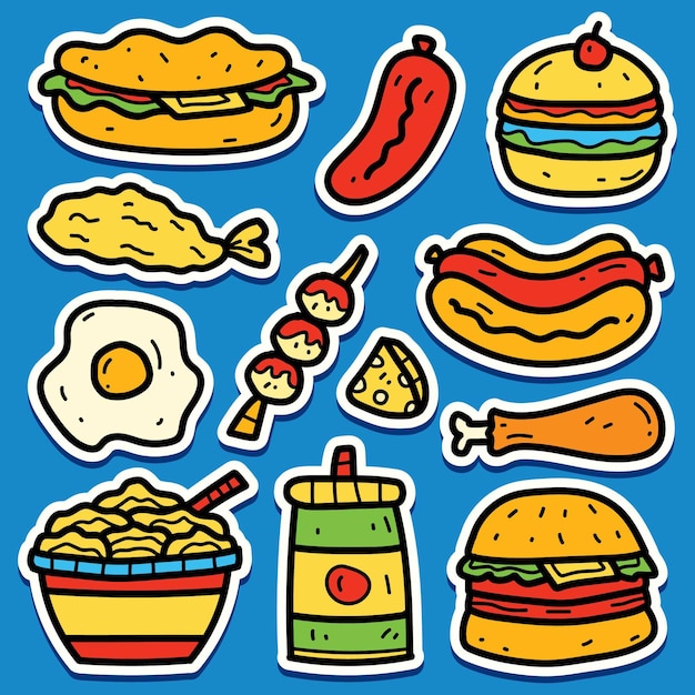 Vector diseño de etiqueta de doodle de comida de dibujos animados dibujados a mano