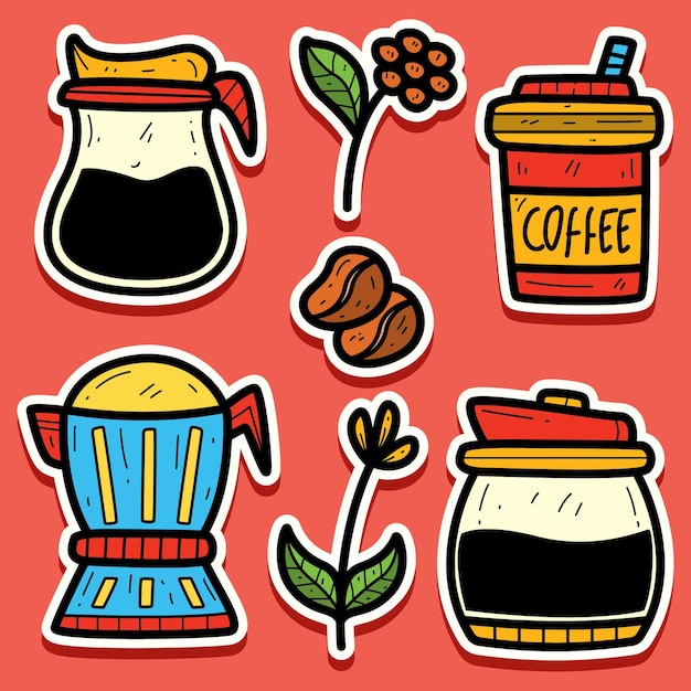 Diseño de etiqueta de doodle de dibujos animados de café dibujado a mano