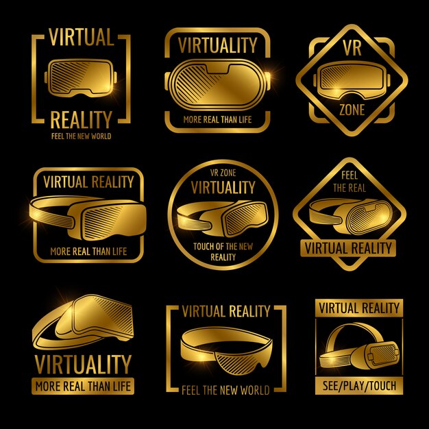 Vector diseño de etiqueta de gafas y cascos dorados de realidad virtual