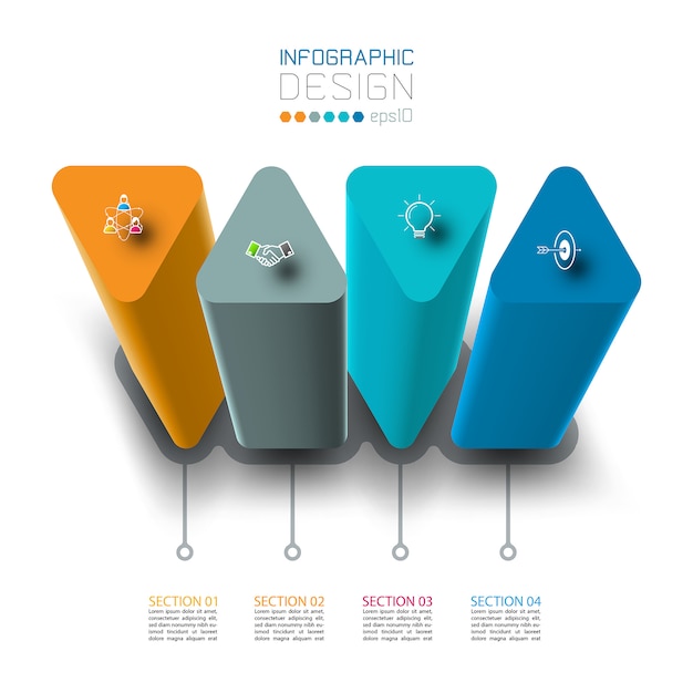 Diseño de etiqueta de infografía vectorial con diseño de columnas triangulares.