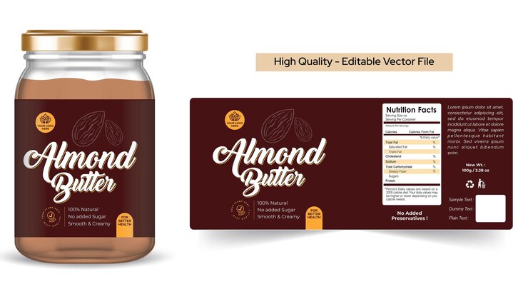 Vector diseño de etiqueta de mantequilla de almendras premium producto de calidad orgánica ilustración de etiqueta de tarro de mantequilla de almendras