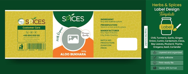 Diseño de la etiqueta de la marca de alimentos orgánicos de masala especias plantilla de diseño de la caja de botella de caña de caja de etiqueta de caña
