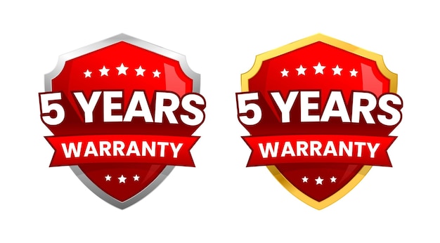 Diseño de etiqueta o insignia de garantía de 5 años con un icono de escudo rojo minimalista y brillante