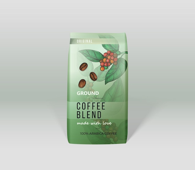 Diseño de etiqueta de paquete de café ilustración de café vectorial con hojas de granos de café en estilo boceto