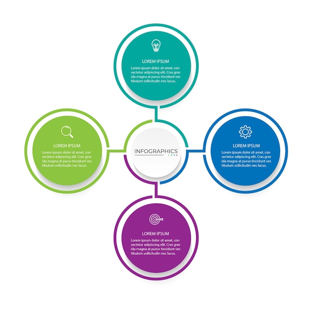 Diseño de etiquetas con infografías vectoriales con círculos e iconos de comercialización Concepto de negocio con 4 pasos