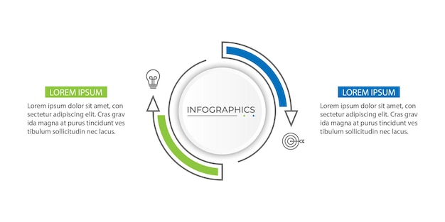 Diseño de etiquetas de infografías vectoriales con círculos e iconos de comercialización Diagrama de proceso 2 opciones
