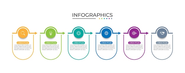 Diseño de etiquetas infográficas de esquema de negocio con flechas e iconos de marketing con 6 opciones