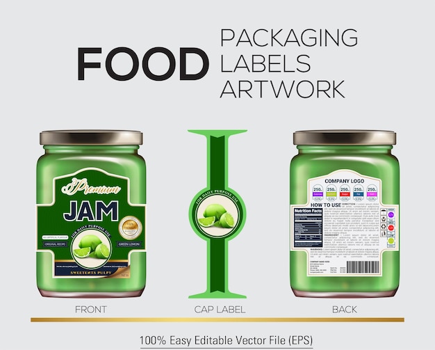 Diseño de etiquetas de mermelada de envases de alimentos y maqueta de frasco con limón verde
