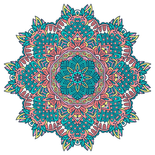 Diseño étnico de flores de doodle sin fisuras. Mandala de colores festivos. ornamento floral redondo