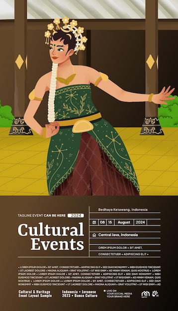 Diseño de eventos turísticos con ilustración de danza de la cultura indonesia