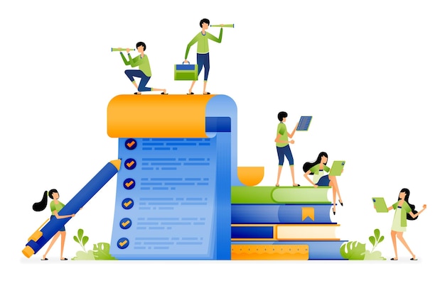 Diseño de exámenes y evaluaciones de estudiantes para obtener educación y servicios escolares con un aprendizaje de mayor calidad. Ilustración para páginas de destino, sitios web, carteles, pancartas, aplicaciones móviles, anuncios en redes sociales, etc.