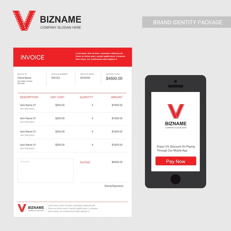 Vector diseño de factura de empresa con video logo y artículos estacionarios.