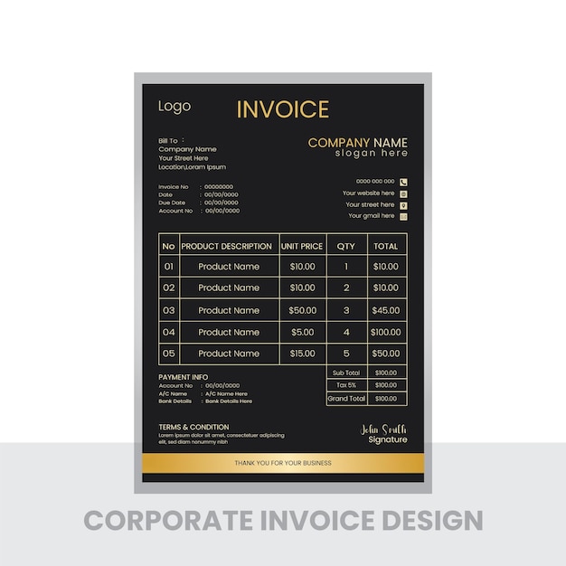 DISEÑO DE FACTURA EMPRESARIAL MODERNO DE LUJO CORPORATIVO