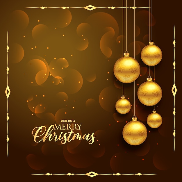 diseño de felicitación de Navidad premium con bolas doradas colgantes