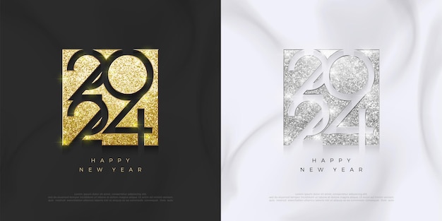 Diseño de feliz año nuevo 2024 con brillo dorado y plata metálica Diseño de vector Premium feliz año nuevo 2024 para calendario de carteles y más