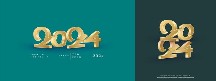 Vector diseño de feliz año nuevo 2024 con números dorados 3d brillantes diseño de vector premium para cartel de banner