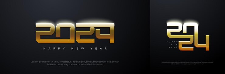 Vector diseño de feliz año nuevo 2024 con números dorados brillantes premium para carteles, pancartas, saludos sociales y celebraciones de año nuevo 2024